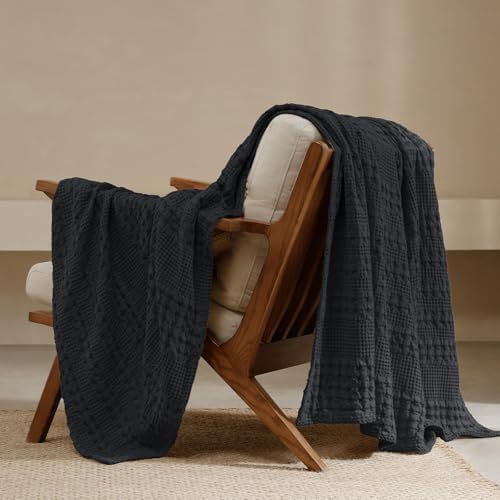 PHF Lightweight 100% Cotton Waffle Throw Blanket for Couch, Black by PHF