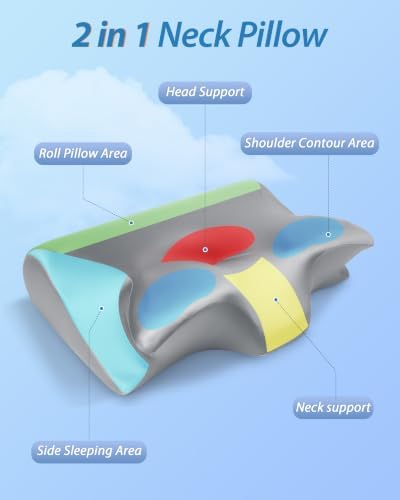 HOMCA Memory Foam Cervical Pillow, 2 in 1 Ergonomic Contour Orthopedic Pillow for Neck Pain, Contoured Support Pillows for Side Back Stomach Sleepers with Satin Pillowcase (Satin Gray) - Image 2