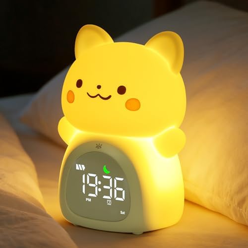Cat Alarm Clock for Kids, Rechargeable Ok to Wake Clock with Night Light - BPA-Free Silicone Sleep Training Clock, Cute Toddler Wake Up Clock for Boys Girls Bedroom by Unknown