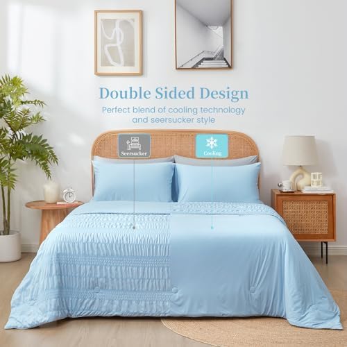 Cozy Bliss Seersucker Cooling Comforter King Size, Q-Max 0.45 Reversible Lightweight Cooling Blanket, Breathable Silk Smooth Summer Bedding Quilt for Hot Sleepers Night Sweats Cold Blue - Image 3