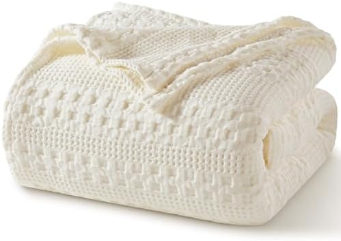 PHF Lightweight 100% Cotton Waffle Blanket for Bed, Queen, Ivory by PHF