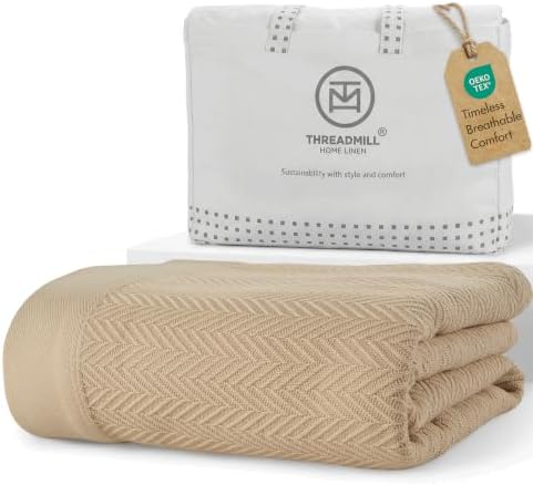 Threadmill Luxury 100% Cotton Twin Herringbone Blanket, Beige by ThreadmillHomeLinen