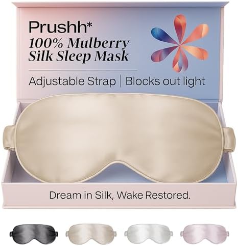 Silk Sleep Mask - Luxurious 100% Pure Mulberry Silk Eye Mask for Restful Sleep and Travel, Hypoallergenic, Cooling, Total Blackout, Adjustable for Women & Men (Champagne Gold) by PrushhLifestyle