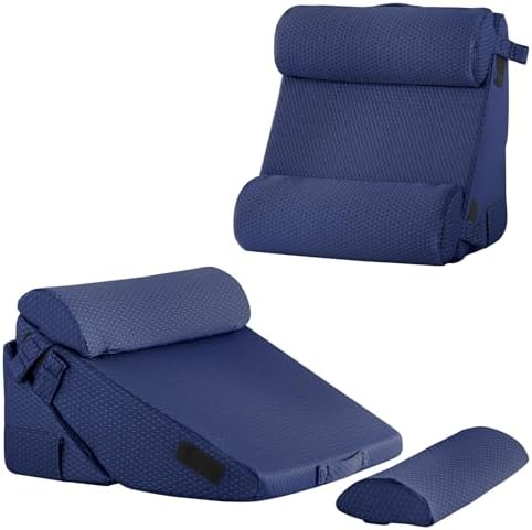Bedluxe Adjustable 4pcs Bed Wedge Pillow Set, Memory Foam Wedges Pillow Post Surgery for Back, Neck, Leg Pain Relief, Pillows Wedge for Sleeping, Sitting up in Bed, Acid Reflux and GERD, Navy Blue by Bedluxe