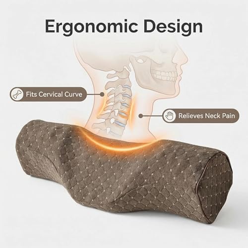 Cervical Neck Pillow for Pain Relief Sleeping, Neck roll Pillow Memory Foam for Stiff Neck Pain Relief ，Travel Bolster Pillow for Bed for Side Sleepers Back Sleeper. (Brown) - Image 3