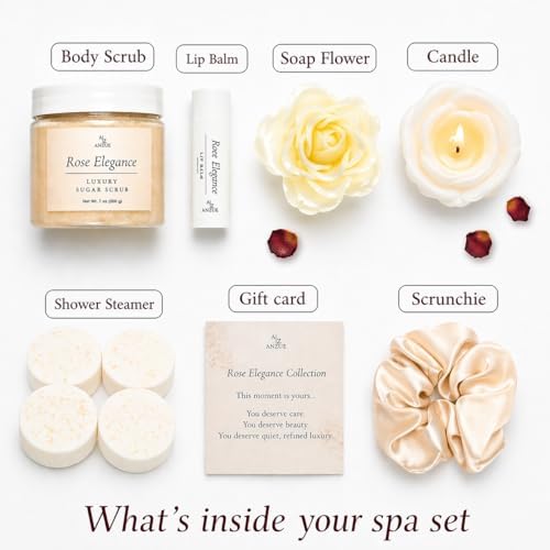 Rose Spa Gift Set for Women – 10pc Self Care Gift Basket with Rose Candle, Body Scrub, Shower Steamers, Lip Balm & Gift Card – Relaxing Birthday Gifts for Mom, Wife, Girlfriend – Elegant Spa Gift Box - Image 2