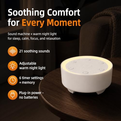 Kipcush White Noise Machine for Sleeping, Baby & Adults, High-Fidelity Non-Looping Sounds, Sleep Sound Machine with Dimmable Night Light, USB Powered, Memory Function, Home, Nursery & Travel - Image 2