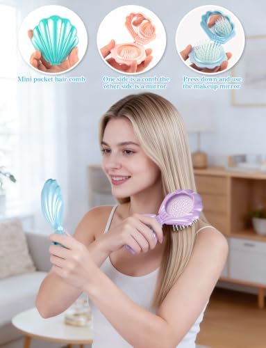 8 Pcs Foldable Travel Shell Hair Brush with Mirror - Image 6