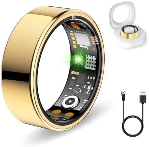 Smart Rings for Women Men, Fitness Ring with Heart Rate, Blood Oxygen, HRV, Stress, Sleep Tracker, Step Tracker, No Subscription Fee, lP68 Waterproof Smart Ring for iPhone & Android (Gold, 10#) by Unknown