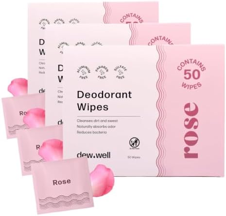 Dew Well Deodorant Wipes - Individually Wrapped Armpit Wipes - Aluminum Free Body Sheets with Natural Extracts - Rose Towelette for Travel - 50 Count, Pack of 3, Rose by DewWell