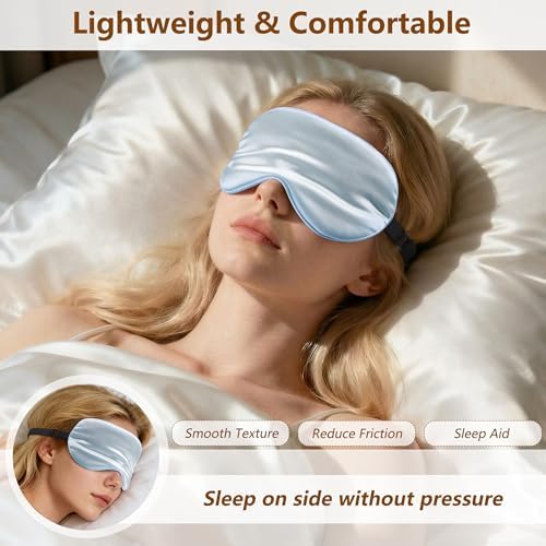 Sleep Mask Silk Eye Mask for Men Sleeping Mask, Adjustable Elastic Strap for Night Shading Sleep Mask, Soft and Comfortable for Both Men and Women (Light Blue) - Image 2