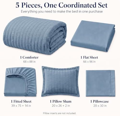 CozyLux Twin Comforter Set, 5 Pieces Grayish Blue Seersucker Bed in a Bag - Image 2