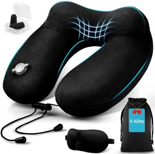 Inflatable Travel Neck Pillow for Airplanes, Super Soft Velvet Neck Support, Adjustable Firmness, Blow Up Plane Pillow for Long Flights, Road Trips, Travel Essentials with Eye Mask, Earplug by UROPHYLLA