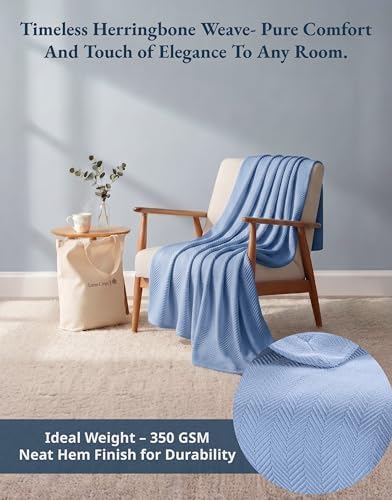 LANE LINEN Blankets Queen Size, 100% Cotton Textured Herringbone Weave - Image 3