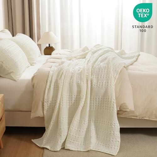 PHF Lightweight 100% Cotton Waffle Throw Blanket for Couch, Cannoli Cream - Image 5
