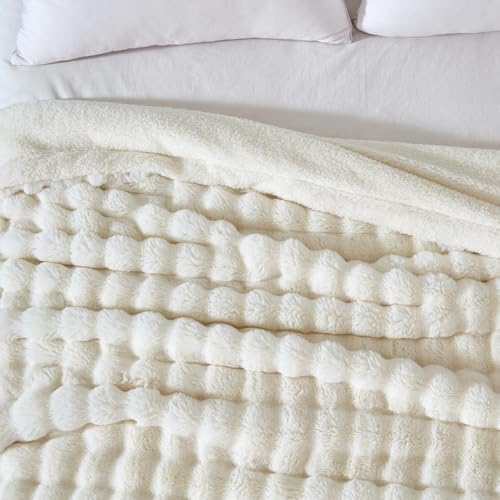 60x80 Inches Ultra-Soft Fuzzy Faux Fur Plush Twin Size Blanket - Thick, Warm Sherpa for Couch, Sofa, Bedroom, Camping - Decorative Blanket for Cozy Warmth, Bubble Ivory White - Image 5