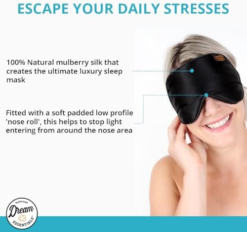 Dream Essentials Ultra Silk 360 Sleep Mask, Mulberry Silk Blindfold Eye Mask with 2 Fully Adjustable Straps, Thin Profile Night Mask Great for Side, Stomach, or Back Sleepers - Black - Image 4