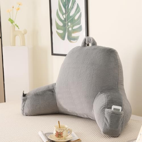 Large Plush Backrest Pillow for Sitting in Bed,Faux Fur,Gray by PAJEO