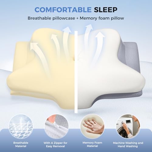 Cervical Neck Pillow, Memory Foam Pillows for Neck and Shoulder Pain Relief, 2 Heights Ergonomic Pillow with Breathable Ice Silk Cover, White - Image 5
