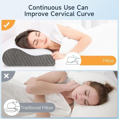 Neck Pillow for Sleeping, Ergonomic Cervical Bed Pillow, Grey Standard Size - Image 3