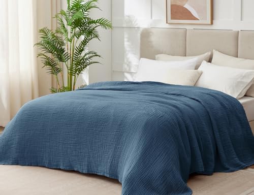 100% Cotton Muslin Blanket King 108" x 90", 6 Layers Breathable and Lightweight Cotton Throw Blanket for Bed, Soft Quilt Bedspread Coverlet, Gauze Blanket for Adults All Season, Dark Blue - Image 2
