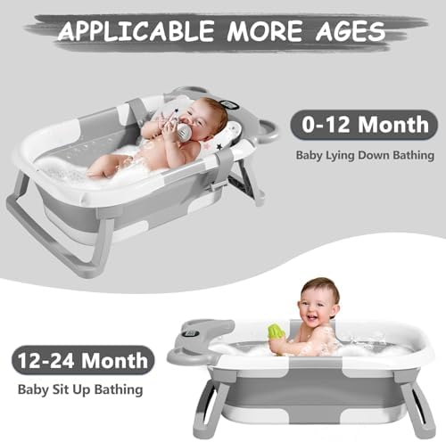 MoreFeel Collapsible Baby Bathtub for Newborn with Thermometer & 1 Hooded Towel & 1 Soft Floating Cushion,Portable Travel Bathtub with Drain Hole, Durable Foldable Baby Tubs for Infants to Toddler - Image 3