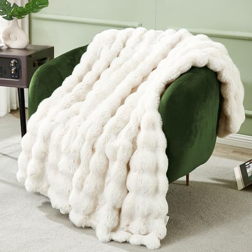 DREAMNINE Soft Faux Bubble Rabbit Fur Throw Blanket for Couch, Thick Cozy Decorative Warm Fuzzy Fur Blanket for Sofa Chair Bedroom Living Room Dorm Gift, 50 * 60 Inches, Cream White - Image 4
