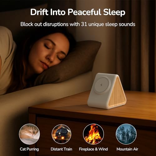 Housbay 2-in-1 White Noise Sound Machine & Magnetic Wireless Charger, Stereo Sleep Sounds, Clutter-Free Bedside Charging Station for iPhone - White Oak - Image 3