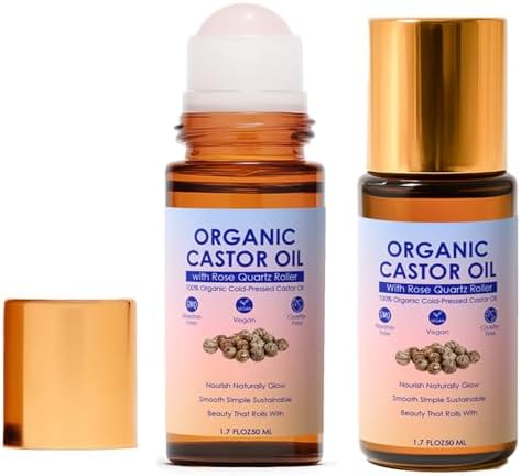 Organic Golden Castor Oil Roll-On with Rose Quartz Roller, Cold-Pressed Pure Organic Castor Oil Roller Ball for Hair Growth, Eyelashes, Eyebrows & Skin, 1.7 fl oz (2) by Unknown