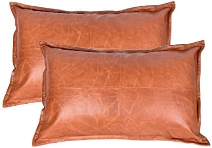 LL LEATHER LOVERS 100% Lambskin Leather Pillow Cover - Sofa Cushion Case - Decorative Throw Covers for Living Room & Bedroom - Mango Box Tan Antique Pack of 2-18X26 Inch by LLLEATHERLOVERS