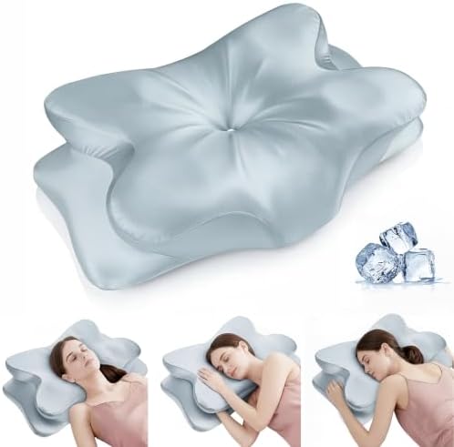 Cervical Neck Pillow for for Neck Support,Ergonomic Memory Foam Contour Pillow with Wrinkle-Resistant Silky Satin Fabric Cover,Orthopedic Bed Pillow for Side,Back,Stomach Sleepers,Blue by Unknown