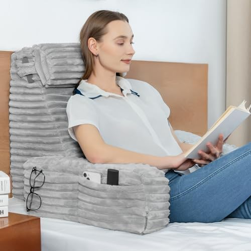 ENITYA 22" XL Back Pillow for Bed Sitting Up with Armrests & Big Pockets by ENITYA