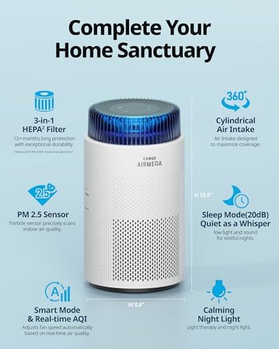 COWAY Airmega 100 Air Purifier Bundle with 2-Year Filter Supply (1 Pre-installed + 1 Extra), HEPA for Smoke, Allergies, PM 10 Sensor, Auto Mode, ENERGY STAR, 2yr Warranty, White - Image 2