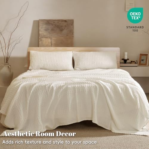 PHF Lightweight 100% Cotton Waffle Blanket for Bed, King, Ivory - Image 5