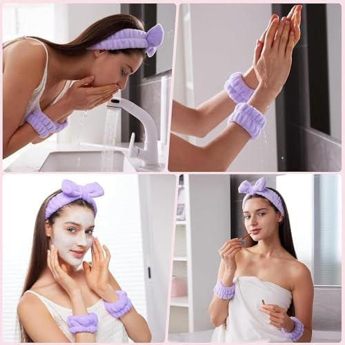 16pcs Skincare Headband Set, Headband Set for Face Washing Spa and Makeup, Including 1 Hairband, Wristband, 3 Hair Claw Clips and 10 Hair Ties, with Box, Gift for Women and Girls, Purple - Image 3
