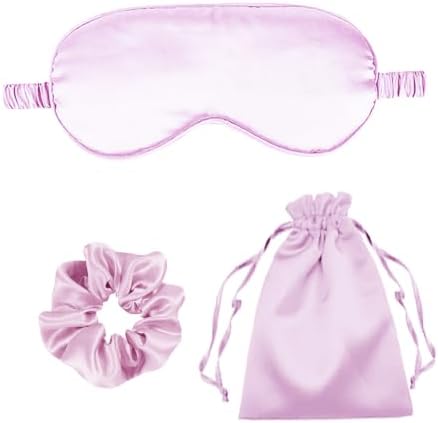 3Pcs Satin Eye Mask Silk Sleep Masks Set Silky Blindfold Eyeshade Blackout Eyes Cover Pouches Bag Scrunchy Wedding Gift-Color: Lilac by WJingYiJia