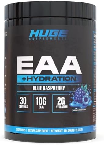 Huge EAA + Hydration, Essential Amino Acids Powder, EAAs & BCAAs, Intra & Post Workout Recovery Powder, Muscle Growth, Recovery & Performance, 10g EAAs & Electrolytes, 30 Servings (Blue Raspberry) by HugeSupplements%7CPre-WorkoutsCreatineBodybuildingSupplements