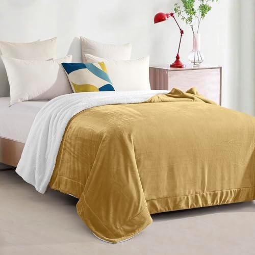 Elegant Comfort Ultra Soft Reversible Flannel Sherpa Blanket - Cozy Silky Fleece Throw for Couch, Bed - Plush Fuzzy Warm Winter Blanket for Gift, Full, Gold - Image 3