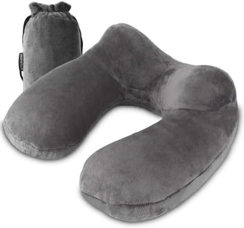 Inflatable Travel Pillow, Soft Velvet Inflatable Neck Pillow for Traveling, Airplanes, Train, Car, Office with Compact Bag, Breathable Washable Cover, Suit for Adults Sleeping - Grey by UROPHYLLA