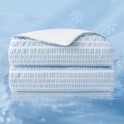 Cozy Bliss Cationic Dyed Seersucker Cooling Comforter Queen Size, Lightweight Airflow Silky Cooling Bedding with Q-Max>0.45 for Bedroom, Home Decor, Hot Sleepers & Night Sweats, Blue 90"x90" by CozyBliss