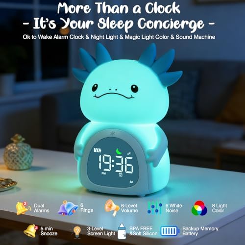 Axolotl Alarm Clock for Kids, Rechargeable Ok to Wake Clock with Night Light - BPA-Free Silicone Sleep Training Clock, Cute Toddler Wake Up Clock for Boys Girls Bedroom - Image 3