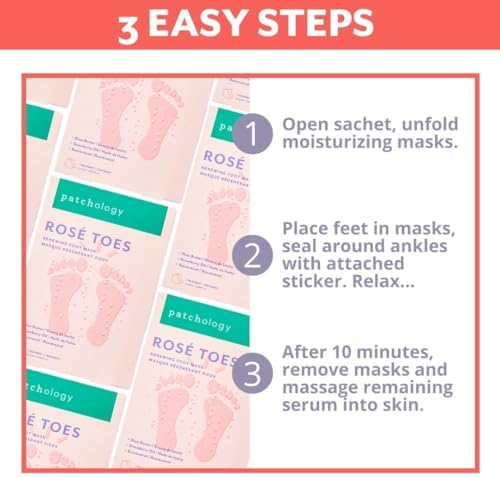 Patchology Rosé Toes Moisturizing Foot Mask – Shea Butter & Strawberry Scented Booties for Dry, Cracked Feet, Disposable Spa Socks with Resveratrol for Soothing Foot Care, Self-Care Essentials - Image 4