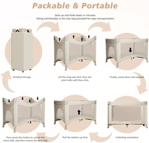 Portable Baby Playard& Playpen with Mattress, Travel Crib, Khaki - Image 4