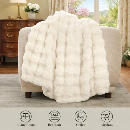Amélie Home Faux Fur Throw Blanket, Ultra Soft Fuzzy Plush Bubble Blanket for Couch, Bed & Living Room, 60"x80", Cream White - Image 2