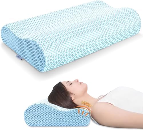 Anvo Memory Foam Pillow, Neck Contour Cervical Orthopedic Bed Pillow for Sleeping Side Back Stomach Sleeper, Ergonomic Design for Neck and Shoulder Pain Relief, Blue White, Soft by AnvoHome