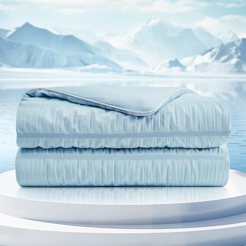 Cozy Bliss Seersucker Cooling Comforter Twin Size, Q-Max 0.45 Reversible Lightweight Cooling Blanket, Breathable Silk Smooth Summer Bedding Quilt for Hot Sleepers Night Sweats Cold Blue by CozyBliss