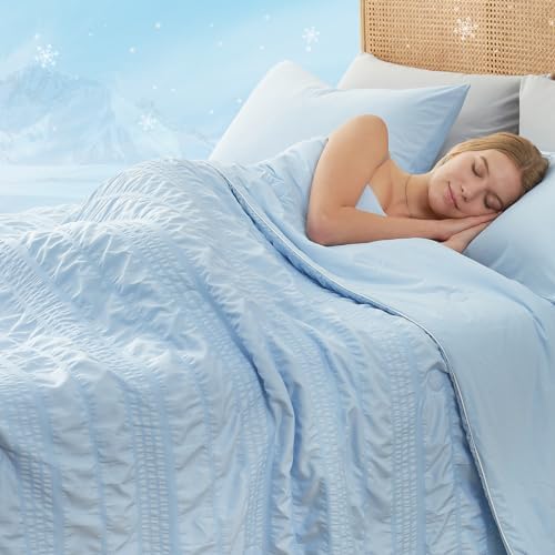 Cozy Bliss Seersucker Cooling Comforter King Size, Q-Max 0.45 Reversible Lightweight Cooling Blanket, Breathable Silk Smooth Summer Bedding Quilt for Hot Sleepers Night Sweats Cold Blue - Image 2
