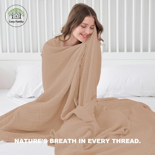 Cosy Family 6 Layer Muslin Bed Blanket - Breathable and Lightweight Gauze Boho Blanket for Spring, Soft 100% Cotton Muslin, Brown, 55x80 Inches - Image 3