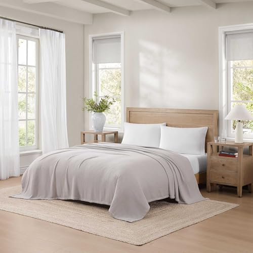 Tommy Hilfiger - Queen Cotton Blanket, Textured Pique Weave Bedding, Medium Weight Soft Blanket, Anti-Pilling & Fade Resistant, Ideal for Layering, Oeko-TEX Certified (Grey) - Image 2