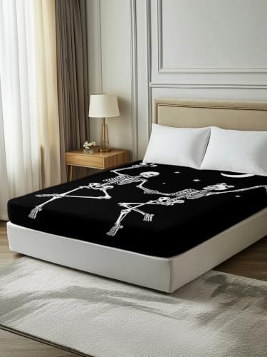 Halloween King Flat Sheet Dancing Skeletons Flat Sheets Only Soft Bedding Top Sheets Luxury Hotel Quality Stars Moon Funny Skull Bones King Bed Sheet for All Season Bedroom Dorm Halloween Decor - Image 7
